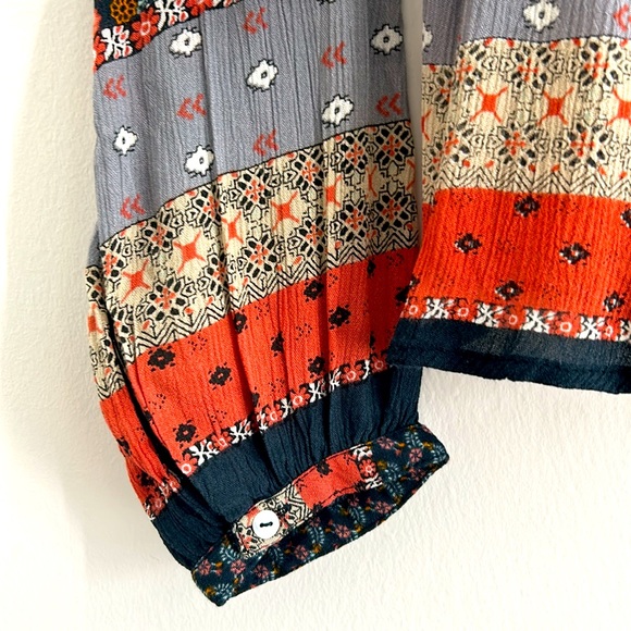 California Moonrise Blue Cream Patchwork Style Long Sleeved Boho Top - Picture 5 of 10